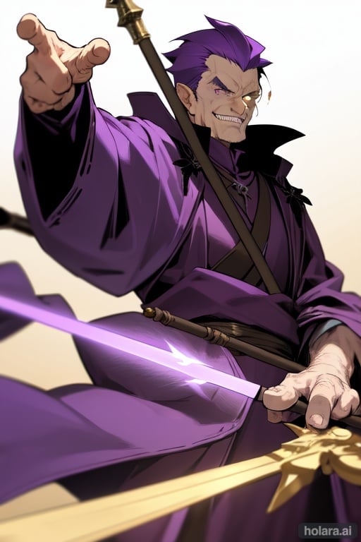 Image of 1man+++, old+++, one eye, mage, quarterstaff, purple robe, dutch angle, smirk, thumb up, short