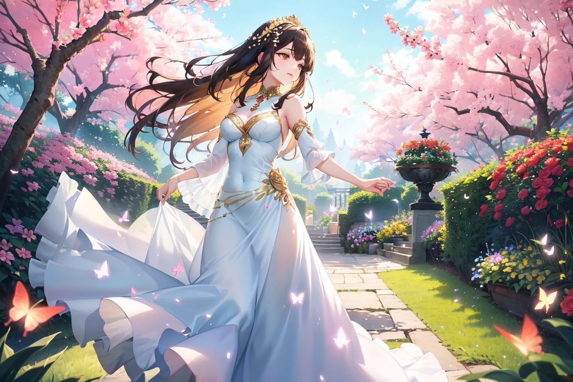 Image of Amidst a vibrant, blossoming garden, a young girl radiates with an enchanting beauty. Her flowing hair, the color of the setting sun, cascades down her shoulders and catches the light, creating a halo effect. Dressed in an elegant, flowing gown adorned with intricate fl patterns, she gracefully moves through the garden, her steps seemingly guided by the whispers of nature. Delicate butterflies and birds dance around her, drawn to her gentle aura. Capture the moment when she pauses, her face reflecting serenity and joy as she reaches out to touch a blooming flower, her touch seemingly breathing life and magic into the petals. Illuminate the scene with soft, warm colors, emphasizing the girl's ethereal presence and the natural splendor surrounding her. Let the artwork evoke a sense of tranquility, wonder, and the timeless beauty of nature's embrace