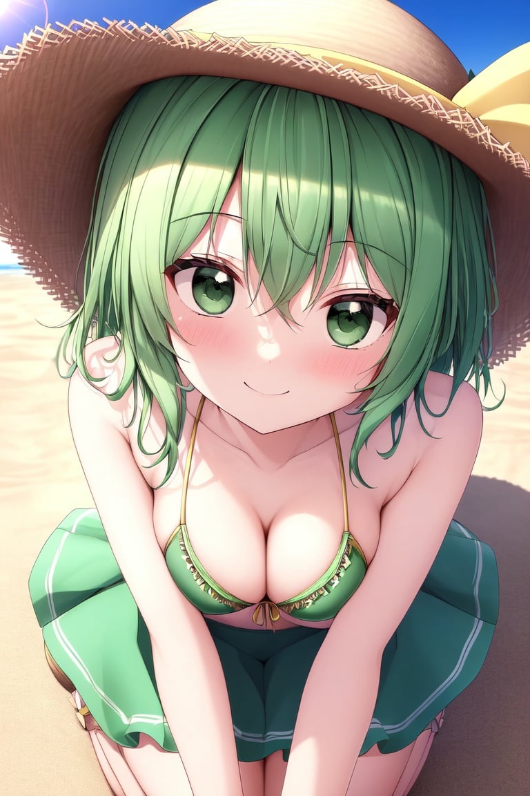 Image of masterpiece++, best quality++, ultra-detailed+,  extremely detailed++, 4k++, 8k++, (focus background)++, focus on the girl++, 
Close-up of people, a cute girl++, translucent hair,  perfect anatomy++, Medium breast, touhou project+++, komeiji koishi++, focus on the girl, dating++, Close-up of people,  large top sleeves, short hair+, hat, green eyes, green hair, getting red in the face, Kind smile, focus on breast,front view, centered in the chest, 
beautiful detailed eyes, very well, Cute ruffled bikini+, delicate hands+, delicate legs+, (beautiful)+, (cute girl)++ ,sandy beach, bright sun, cinematic light, 
(vivid color)++, Hat with ribbon,  stretching, From the front, see your boobs+, barefoot, Beautiful toes, lying+, on stomach+, 