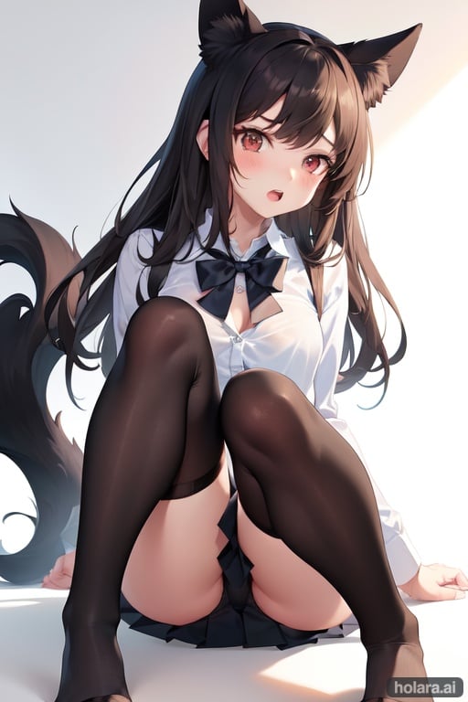 Image of Two girls, BDSM, one girl standing, one girl on knees, girl on knees collared+, girl wearing collar+, girl dominating other girl+, domination, dog girl, dog ears, tail, medium length hair, dark brown hair, brown eyes, cute+, petite body, perfect body, thigh high socks, up skirt, unbuttoned shirt++,  sheer bra, nipple, small breasts, highly detailed, two legs, two arms, four fingers, 1 thumb, anatomically correct hands, perfect hands, anatomically correct feet, perfect feet, open mouth, anime eyes, anime face, cute anime face, small feet+, cute feet+, perfect feet, underwear showing+, thighhighs, bowtie, pleated skirt, park beach, outside, park, night, street light spot, trees