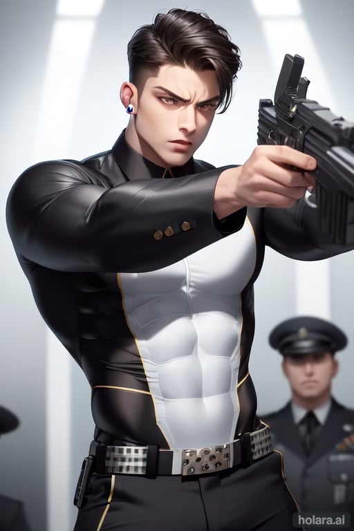 Image of 1 boy, muscled man, officer suit, holding gun, (aiming)++, serious look, dynamic pose, arched eyebrows, earrings ,masterpiece, high quality, volumetric lighting, cold colors