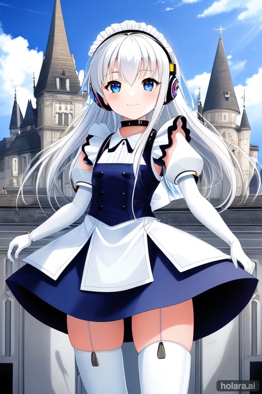 Image of best quality, 1990s, beautiful detailed eyes, (little girl), cute anime face, light smile, :3, (a girl with robotic gear covering her ears), curtsy, (maid, miniskirt, handcuff, collar), (white hair, semi-long, hair intakes)++, castle, 