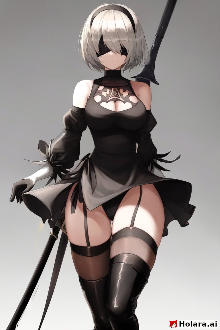Image of /\/\/\ 1girl 2b absurdres alternate_costume armband arms_between_legs bare_shoulders black_legwear blindfold breasts collar grey_hair highres medium_breasts nier_(series) nier_automata pod_(nier_automata) short_hair sketch solo thigh-highs v_arms white_background worini yorha_no._2_type_b
