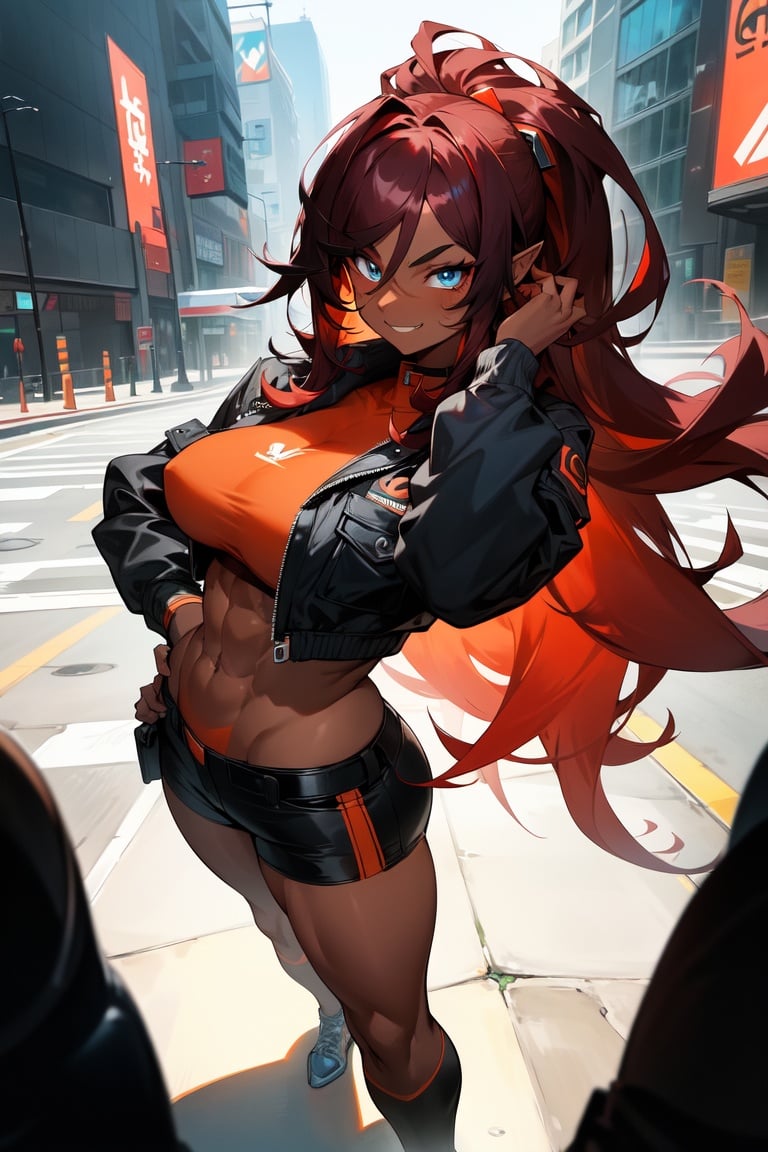 Image of (masterpiece, perfect anatomy, proper finger structure, perfect hands)++, best quality, highres, ultra-detailed, illustration, from above, outdoors, 1 girl, (dark skin), red hair, wavy hair, blue eyes, elf ears, curvy, sci-fi, jacket, thighhigh, citystreets. neon, nighttime,(toned body, tight clothes), (Broad shoulders,thick muscular body, abs+), dark and orange theme, cool, jacket, belts, shorts, dramatic shadows, fur collar, long hair, dark, crazy eyes, multicolored hair++, evil smile, complex background, Perfect female body, hair between eyes, bangs, eyebrows visible through hair, hair ornament,