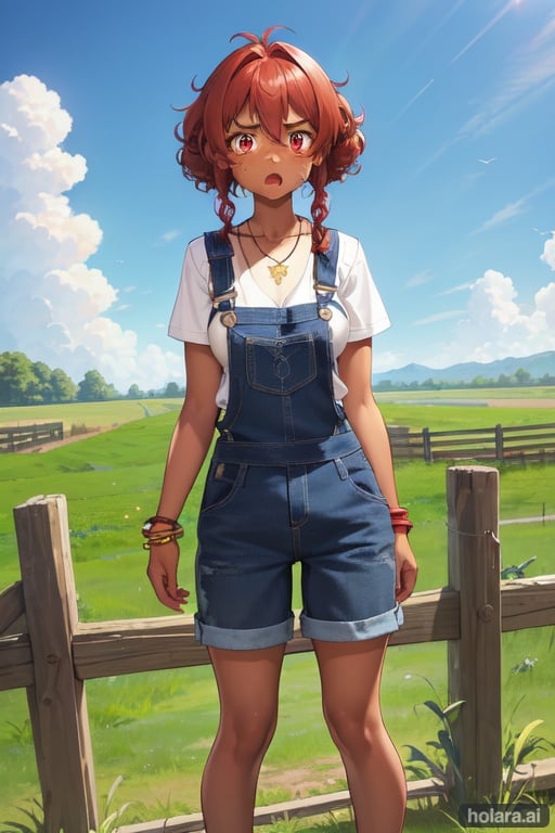 Image of high detail, girl, farm, dark skin, country girl, freckles, apron, pony tail, red hair, black barrette, curly hair, upper arm, denim overalls, short pants, troubled eyebrows, thick thigh, sandals, calf, necklace, bracelet, anklet, (red eyes)+, small tits, fantasy, (surprised face)+++, open mouth, inner thigh, full-body shot