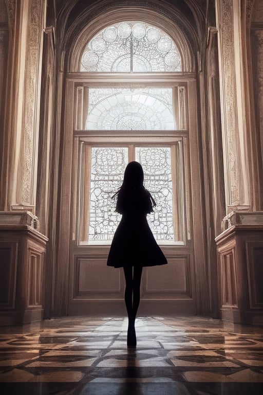 Image of solo lady, silhouette+, Mansion, dress, clock