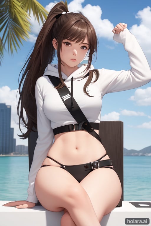 Image of 1girl, solo, crossed legs, brown hair, (black eyes)+, :p, hair ribbon, ponytail, hoodie, belt, outdoors+