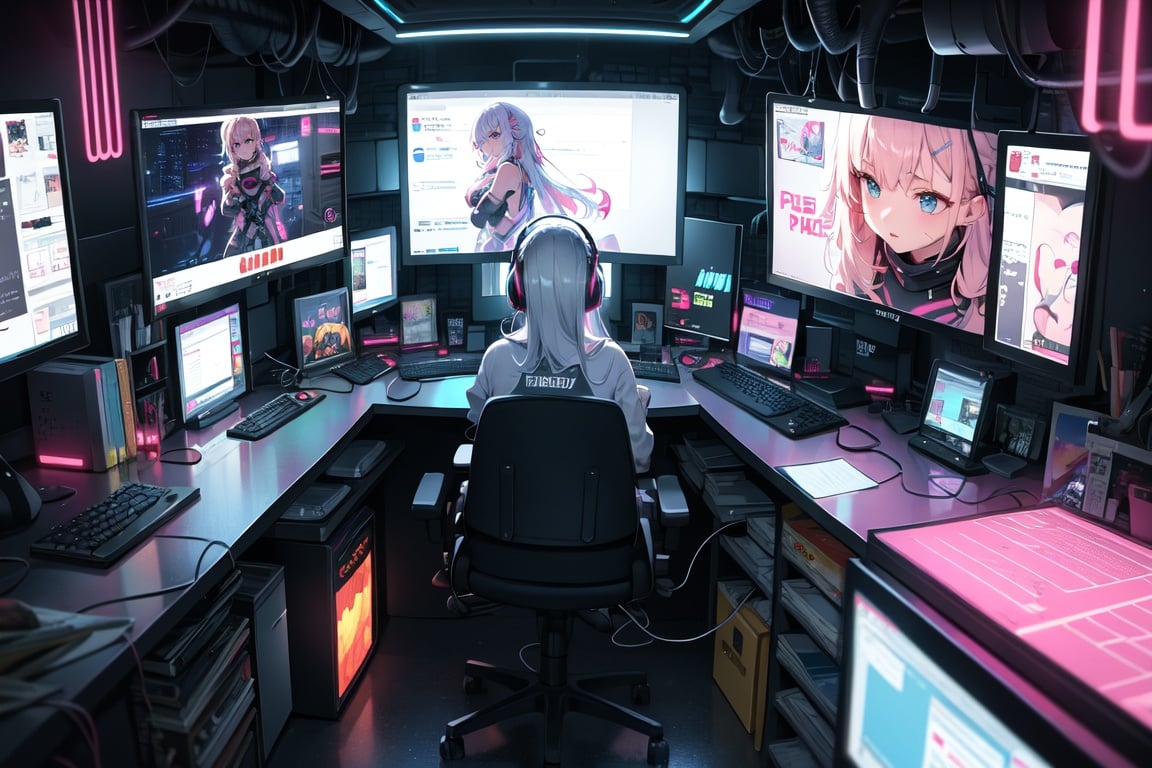 Image of (masterpiece:1.5, intricate details:1.3), gamer, girl, headphones, hoodie, long hair, white hair, neon pink, bedroom, desk, chair, computer, dystopican, space, futuristic, neon glow, dark city, dark room,  heart computer, neon heart, neon purple, neon green, video games, one girl, one character, pastel, pink lights