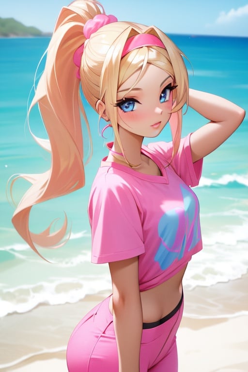 Image of (Barbie) girl with long blonde ponytail, blue eyes wearing a pink shirt ,pink hairband and pink pants, on the beach