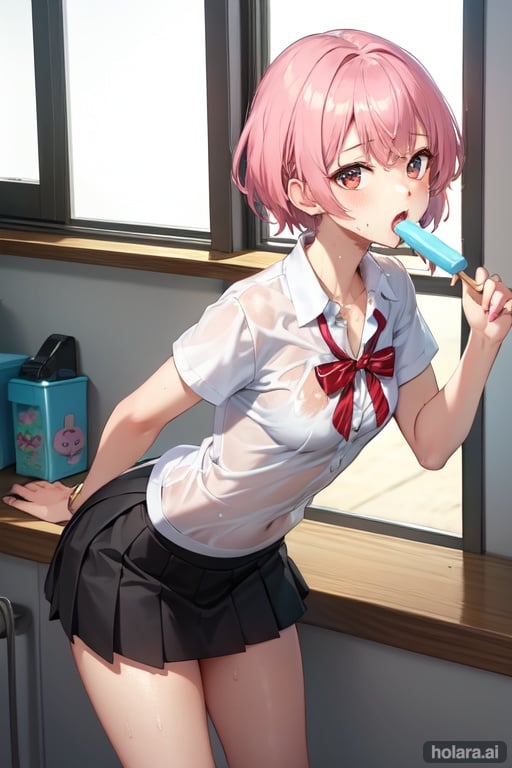Image of makima eating popsicle stick, open mouth, wet, short skirt, short shirt