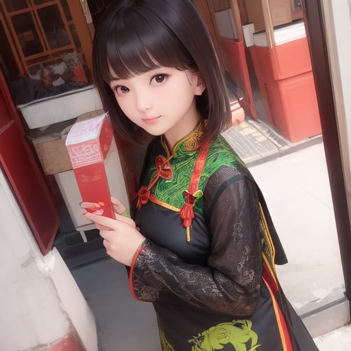 Image of girl, (China dress)+, standing+, no fingers