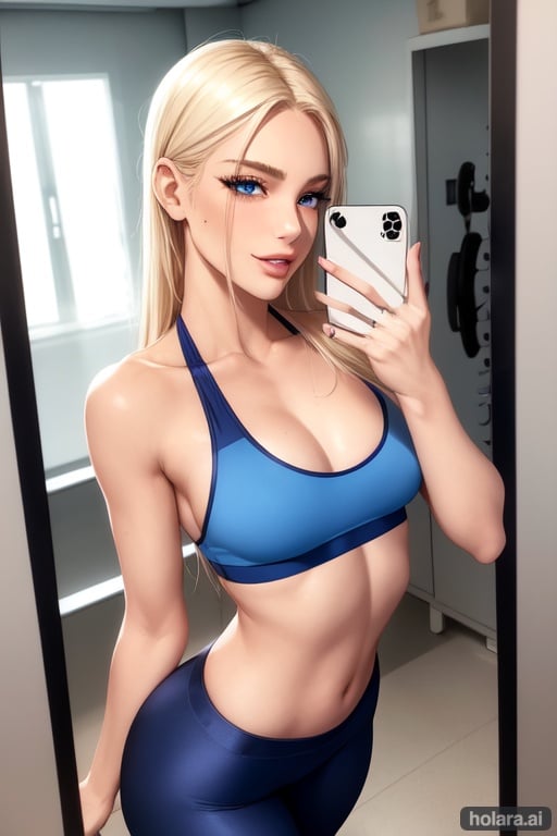 Image of +++++++ beautiful face, +++++ glossy lips, , ++++++ blue eyes, small breasts, ++++++ piercings, ++blonde hair, ++view from torso up, ++smiling, +++++full lips, ++++sports bra, ++++yoga pants, +++(gym locker room selfie), ++++++1girl