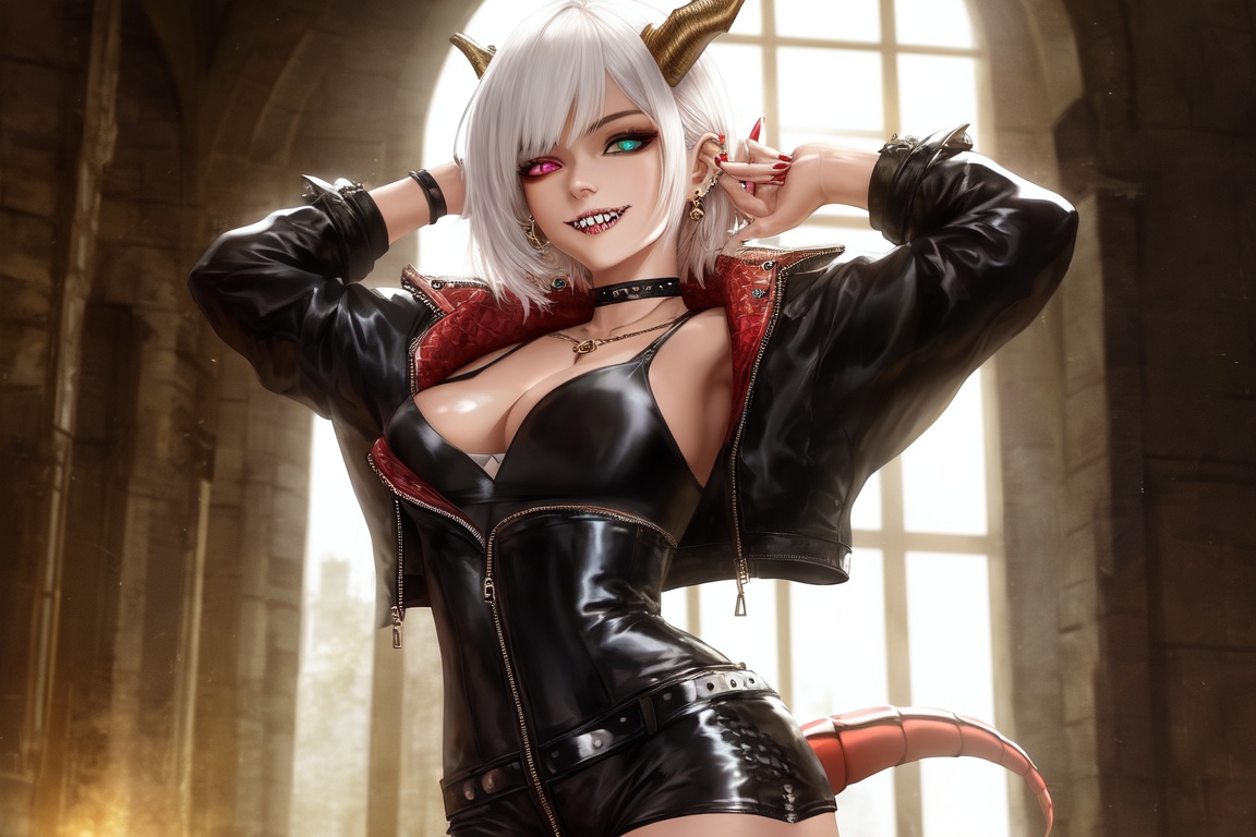 Image of 1girl, solo , Dragon girl, human face, dragon horns, dragon tail, mouth with sharp teeth only in the mouth, fair skin, defined body, standing, chromia in the eyes, medium breasts, happy, smiling expression, masterpiece ++, ultra detailed ++, best shadows ++, best lighting ++, best quality ++, edge lighting, piercing, choker, ear piercing, jewelry, super shiny skin++, oily skin+, mature, mature woman, leather shorts, serrated zipper , two tone color aesthetic bra , castle interior , 8K quality