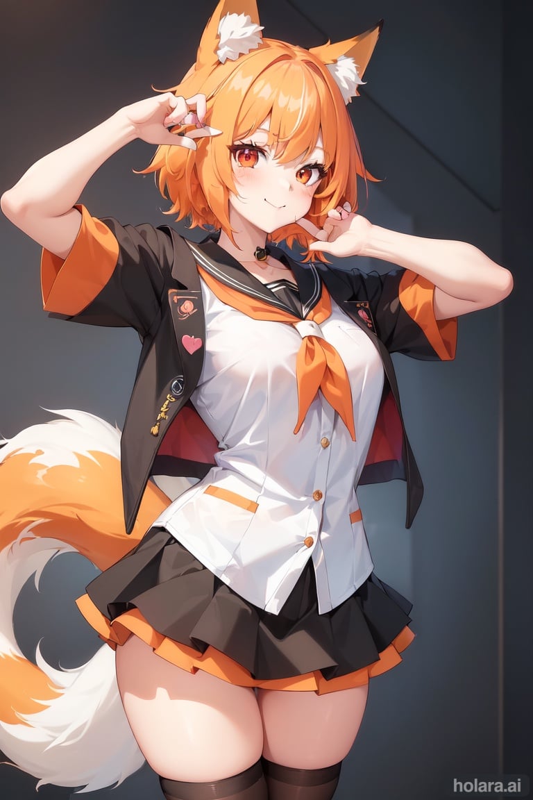 Image of 1girl, solo, fox ears, fox tail, orange and white hair, school outfit, colorful, vibrant, looking at viewer, smiling, perfect body, thigh high socks, young girl, highly detailed, two legs, two arms, four fingers, 1 thumb, anatomically correct hands, perfect hands, anime eyes, anime face, cute anime face, bangs, detailed, high quality, skirt, inside, petite, black thighhighs, visible hands, masterpiece++, best quality+++, ultra-detailed++, extremely detailed+, (vivid)++, kawaii++, cute, lovely+, school, short hair, tail, inside clroom