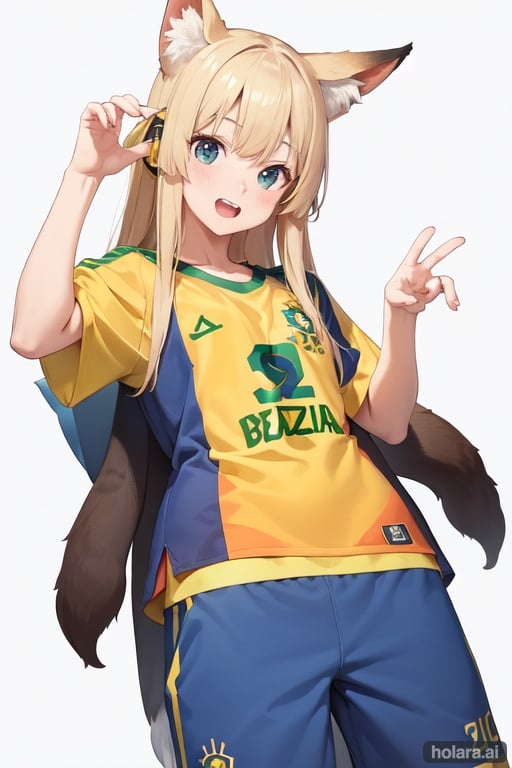 Image of Brasil, fox ears,With a Brazil T-shirt,(on top of the clothes you're wearing (Gaucho Shirt)++),8k++