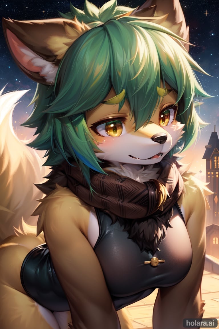 Image of 1girl, solo, fantasy+, all fours, dutch angle, green hair, brown eyes, furrowed brow, leotard, buttons, scarf, starry sky