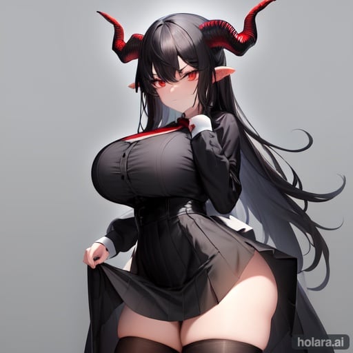 Image of 1 Female (2 Horns), black dress, red eyes, black hair, eyebrows visible through hair,  closed mouth,  standing,  long sleeves, skirt, big breasts, big butt, big thigh highs.