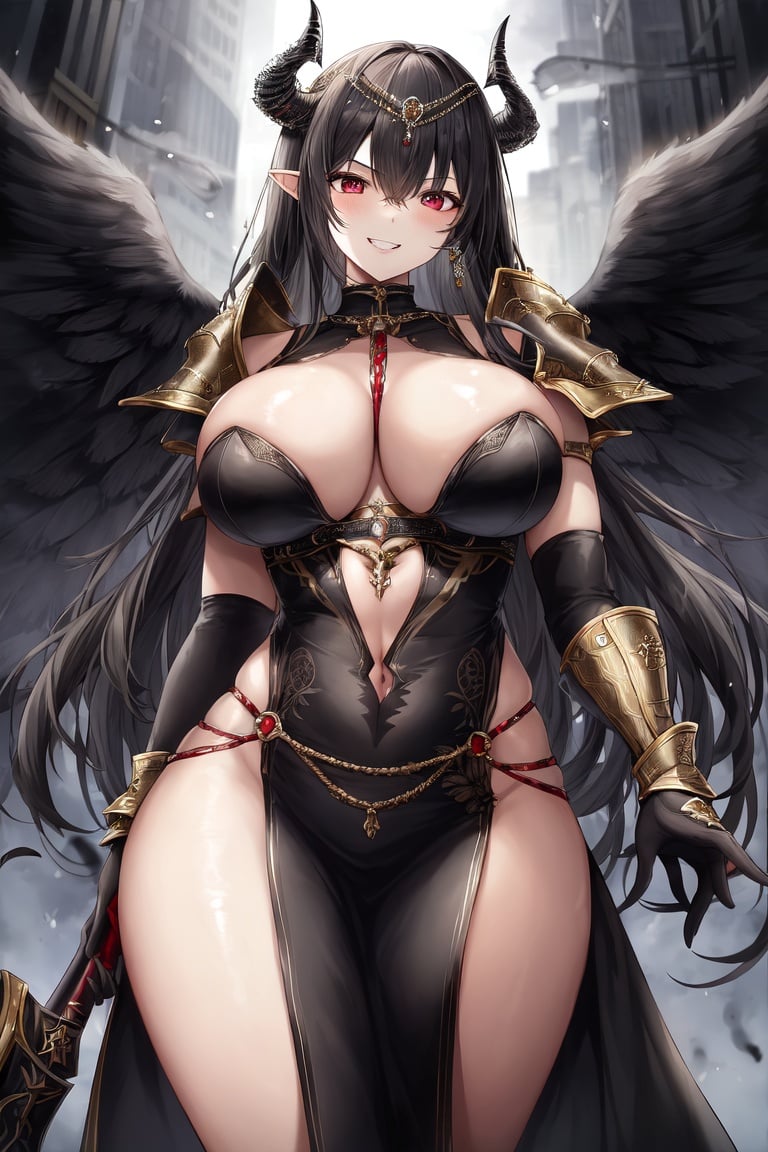 Image of (masterpiece), (best quality), (ultra detailed), (super fine details), (beautiful detailed eyes), (valkyrie armor, angel, angel wings)+, 1girl, black hair, very long hair, thick body, big breasts, (jet black wings)++, red eyes, (evil smile)+, (battlefield)+, dark background, shiny skin, intricate fabric, from front, dynamic lighting, cowboy shot, perfect female proportions