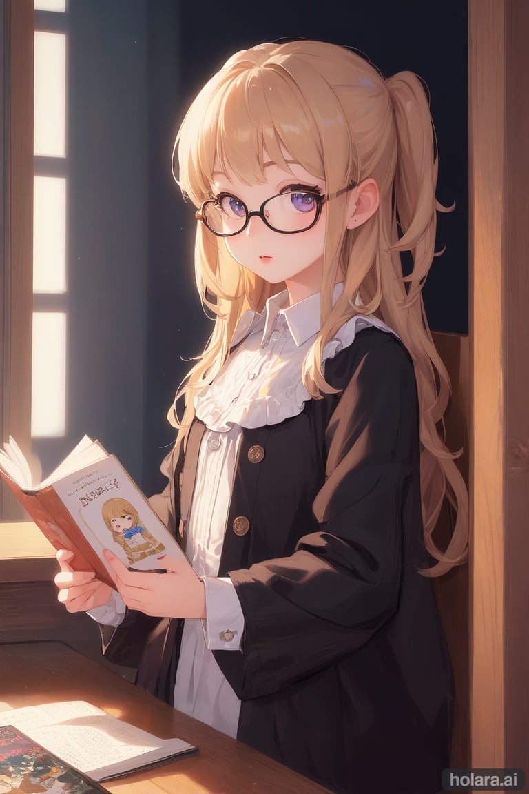 Image of Masterpiece, super high quality, super high quality, super detailed and detailed illustration, 3D, girl, solo, 3 years old, (sober: 1.9), big eyes, large vertical eyes, soft texture, glasses, young, small child, sober and inconspicuous child, reading picture book,