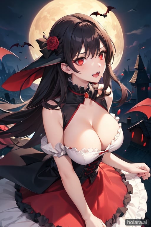 Image of 1girl, vampire, red eyes, cleavage++, fangs+, large breasts, white dress, petticoat, bloody dress