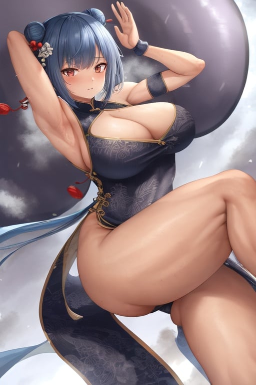 Image of winter, martial arts, chinese clothes, wrist wrap, tanned, cleavage, pig tails, abs, dress, short hair, blue hair, hair ornaments, thick thighs, muscular female, spread armpit, kicking, dutch angle