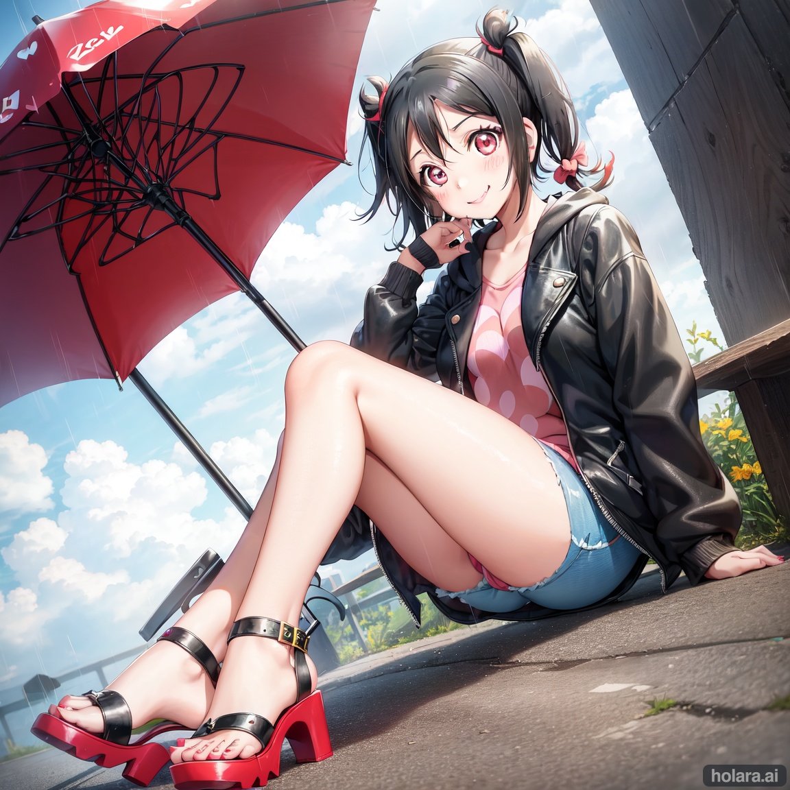 (nico yazawa)+++,(lovelive)+++,1girl,solo,smile,cheerful,(pigtails)+++,leather jacket,(dark blue hoodie)++,(denim shorts)+,(high heel sandals)++,(scarlet colored eyes)+++,(black hair)+++, looking at camera,sitting on bench,umbrella over head,rainy,cloudy