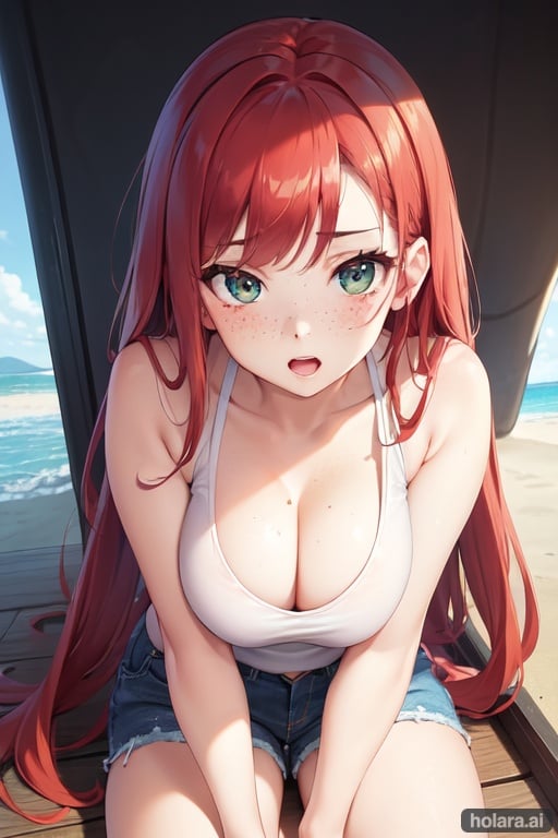 Image of masterpiece, best quality, expressive eyes, perfect face, detailed face, beautiful face, cute, long red hair, detailed hair, big green eyes, detailed eyes, freckles, pink lips, petite, busty, thick thighs, white tank top, blue jeans, sandals, red toenails