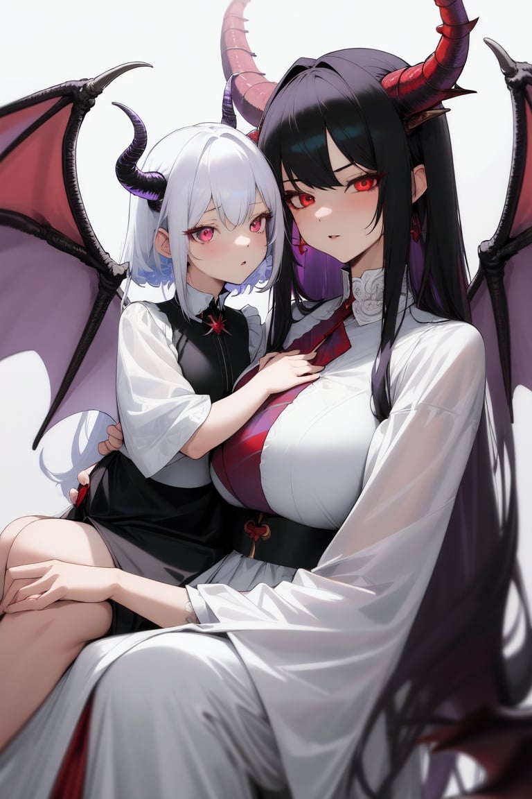 highres+, highest quality+, super detail+, masterpiece+, dragon girl, dragon wings, mother and daughter, beautiful, 2girls+ mother white hair, daughter black hair, dragon horns, maid, beautiful detailed eyes, two tone cerulean red eyes mother, Beautiful detailed eyes, two tone cerulean purple eyes daughter,