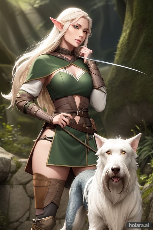 Image of fair-skinned wiry female half-elf ranger and wolfhound companion 