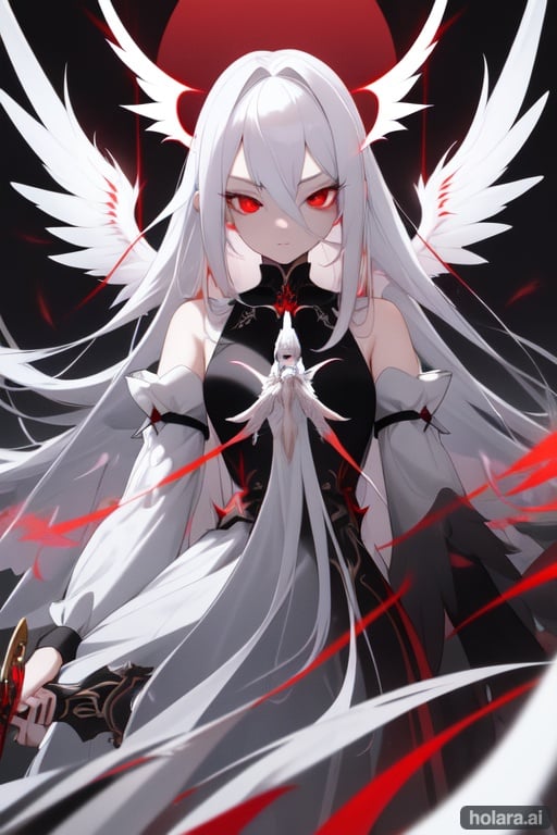 Image of white hair, 1girl, red eyes, vampire, black aura on the right red aura on the leftt, aura, angel wings++, masterpiece++, high quality++, highres++, sword, wings, beautiful detailed eyes, super long hair++, multiple views, is wielding a sword, dress, detached sleeves
