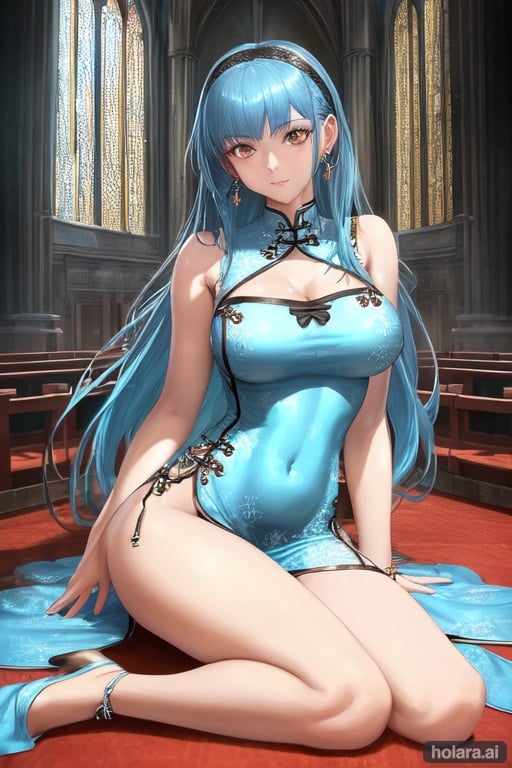 Image of ((masterpiece)), ((best quality)), (ultra-detailed), ((sexy)), (ero), extremely detailed game CG, realistic, real, full body, raise a hand, church, sacred place, 2girls, 2 cute girls, Chinese dress, beautiful light blue hair, beautiful brown eyes, ((beautiful eyes)), large breast, horseshoe-shaped hairband, ribon, earrings, necklace, light smile, blush, shiny-glistening, gleaming