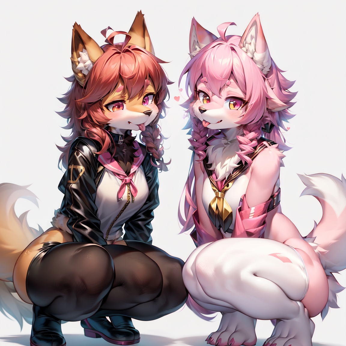 Image of 2girls, squatting, pink hair, chromia, pink eyes, brown eyes, tongue out, curly hair, ahoge, sailor, pantyhose, neck ribbon, zipper, collar, (simple background)+