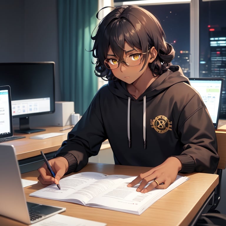 Image of DARK SKIN++,1boy, hacker, yellow eye, in front computer and laptop, hoodie, curly hair, gles, messy desk, night, oscilloscope on desk, cellphone on desk, chips on desk, hacking