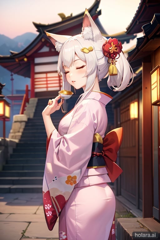Image of Fox girl wearing a kimono, outside a temple, eyes closed, lips pursed for a kiss, hair ornament