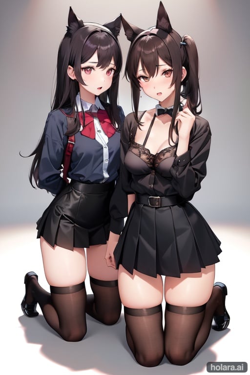 Image of Two girls, BDSM, one girl standing, one girl on knees, girl on knees collared+, girl wearing collar+, girl dominating other girl+, domination, dog girl, dog ears, dog tail, pony tail, medium length hair, dark brown hair, brown eyes, cute+, petite body, perfect body, thigh high socks, up skirt, unbuttoned shirt++,  sheer bra, , small breasts, highly detailed, two legs, two arms, four fingers, 1 thumb, anatomically correct hands, perfect hands, anatomically correct feet, perfect feet, open mouth, anime eyes, anime face, cute anime face, small feet+, cute feet+, perfect feet, underwear showing+, thighhighs, bowtie, pleated skirt, park beach, outside, park, night, street light spot, trees