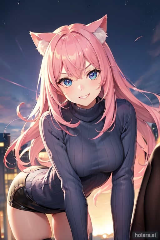 Image of 1girl, solo, soft lighting, all fours, pink hair, (blue eyes)++, evil smile, cat ears, sweater, outdoors