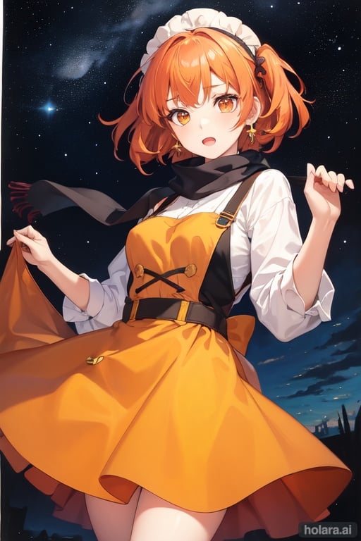 Image of 1girl, solo, traditional media, oil painting, (arm support)--, from above, orange hair, orange eyes, :o, drill hair, short hair, apron++, earrings, lace trim, scarf+, starry sky