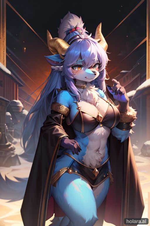 Image of 1girl, monster girl, blue skin, cyclops, satyr, hooves, goat girl, golden horns, horn halo, halo horns, indian clothes, furry female