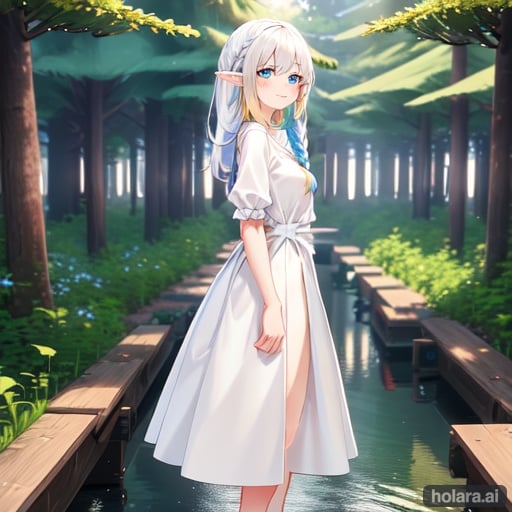 Image of White hair, long hair, simple background, long white dress, flutter Sleeves, from side, 1girl, forest,  nature, multicolored hair, water, blue eyes, beautiful detailed eyes, multicolored eyes, medium breasts, long, dress, detached sleeves, no shoes, :) , fantasy, elf, hair over one breast, outdoors, orignal, closed mouth, smile,  pointy ears, night, short sleeves, white dress, side braid, standing,dark, barefoot, socks removed, small girl, dark wood forest, fantasy, high quality++++, best quality, small girl, looking at viewer, white dress, medium dress, solo, original, shrine, faint wings, 8k++++, short girl, petite girl, river 