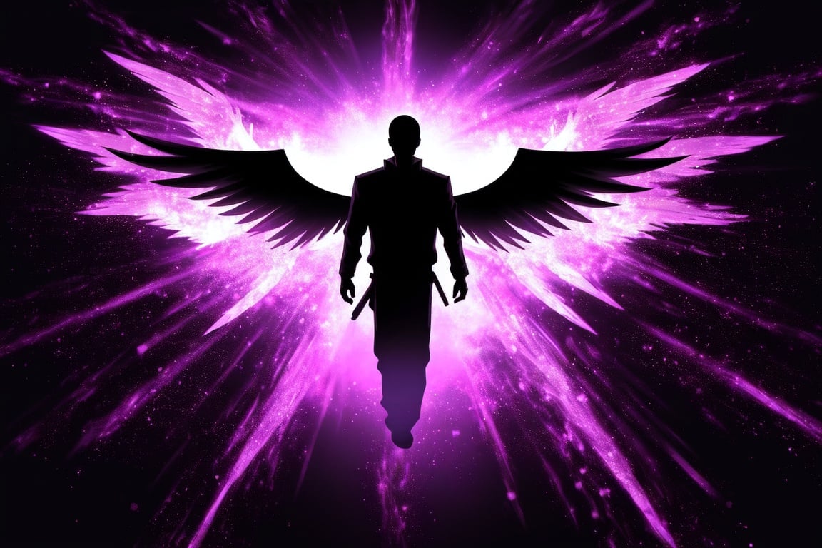 Image of 1guy, (black background)++, black, nothing, purple aura+, scenery, silhouette+, purple behind another, flames-, full body, angel wings,