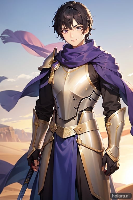 brown skin boy with short black hair standing in the desert light armor and curved sword, 1boy, solo, simple background, smile, armor, black hair, purple eyes, scarf middle eastern, turban ,