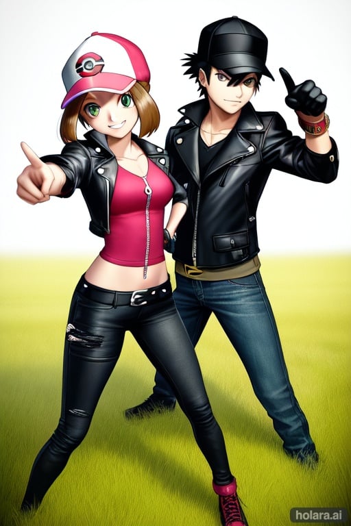 Image of (girl and boy)++++, pokemon trainers, (pokemon trainers hats)++, leather jacket, leather jeans, (striking battle pose)++, confidence look, (smirk)+, (gr field)+++, (masterpiece)+, (highest resolution)+, (high attention to details)++++, pov