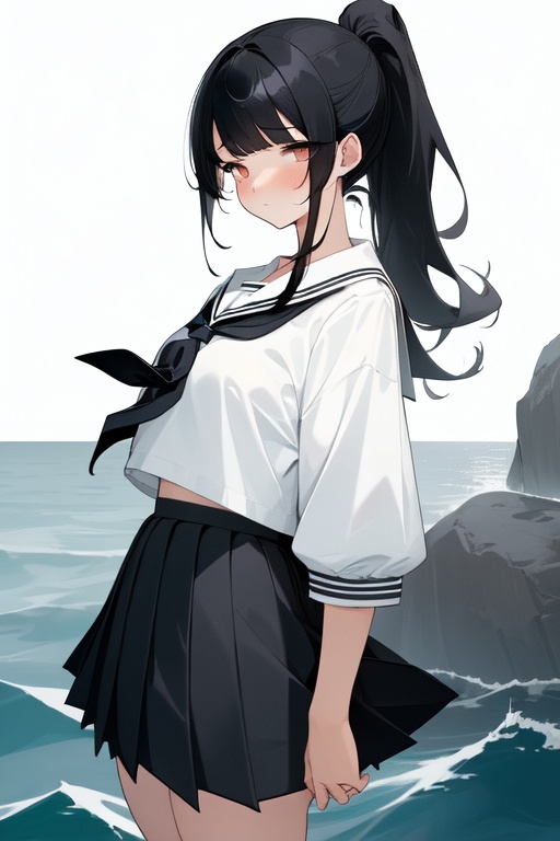 Image of school girl black hair black skirt white sailor jacket  brawn eyes feel alone moon night ponytail calm ocean rain short sleeves school uniform  wetting night face shy night sky  night stars back  night sea stars  c cup chest 