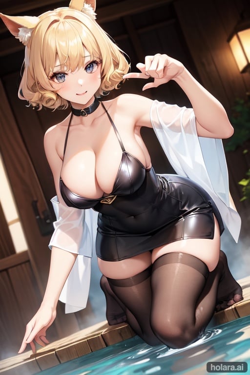 Image of 1girl, solo, paw pose, all fours, dutch angle, onsen, :p, boots, thighhighs, robe, pantyhose, tank top, short hair, curly hair, blonde hair, amber eyes, cleavage++