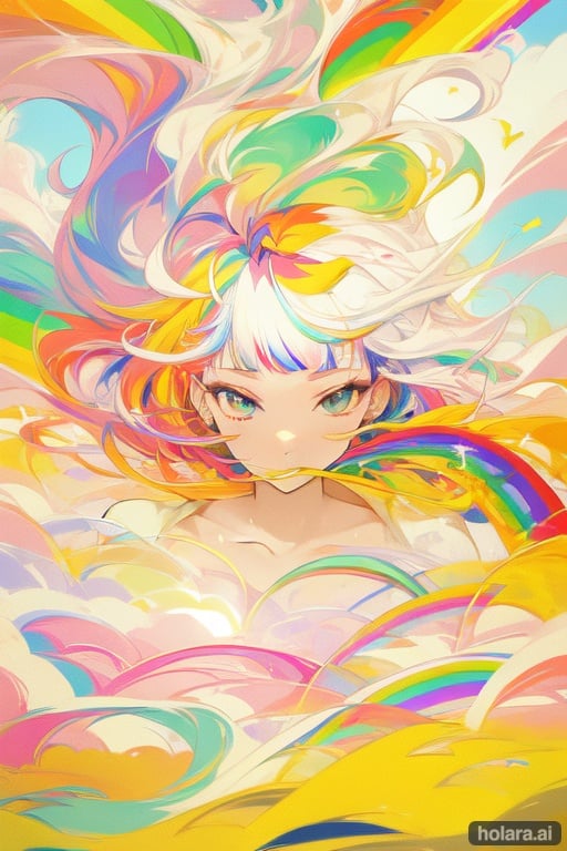 Image of abstraction, magic, elemental, rainbow tones, kaboo multicolored hair++, white hair, blunt bangs, sky