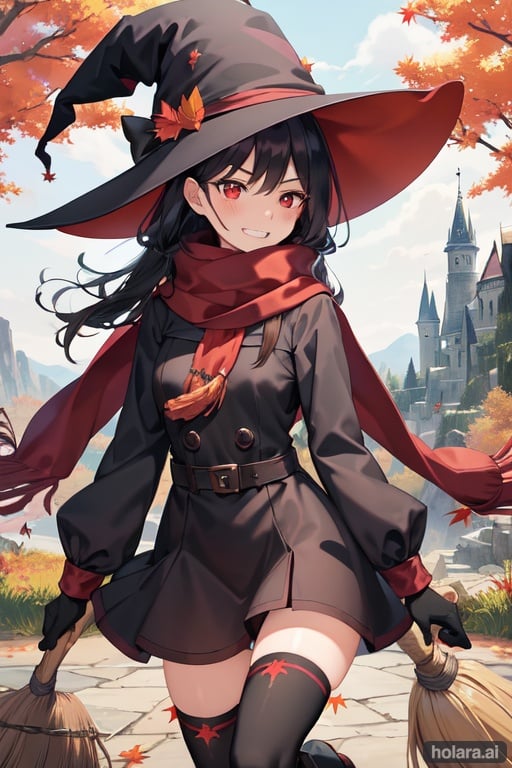 Image of Witch, (witch hat)++, black hair, red eyes,  long sleeves, (broom riding)++, autumn background, potions, fantasy, impish grin, dutch angle, outside, nature, leaves in wind, gloves,  outdoors, excited expression, wind+, thighhighs under boots, holding onto hat, lace trim, scarf++, ero, blush, dress with slit