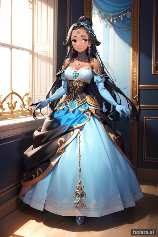 Image of high detail, Princess, princess dress, bright blue dress, (bark skin)+++, (black skin)+++, (bright blue eyes)+++, (sharp eyes)++, (beautiful eyes)++, (shiny eyes)++, (hairstyle that shows off the forehead)+++, bun hair, (black hair)++, white gloves, long skirt, (white high heels, indoors, in the palace, bright, in front of the window, sunlight, (full body shot)++, standing, medium breasts, tall, shoulder, jewelry necklace, blue jewelry, hair ornament, blue ornament, (can see the whole body)++, (surprised face)+++, confused face