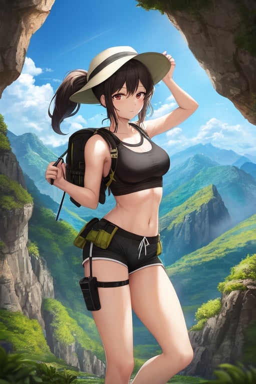 Image of masterpiece, best quality, 1 girl, medium breasts, ponytail, quick-dry hiking shorts, moisture-wicking tank top, hiking boots, backpack, wide-brimmed hat, trekking poles, adventure sunglasses, mountain summit, breathtaking view, outdoor exploration, active, adventurous, sunny, landscape photography, 