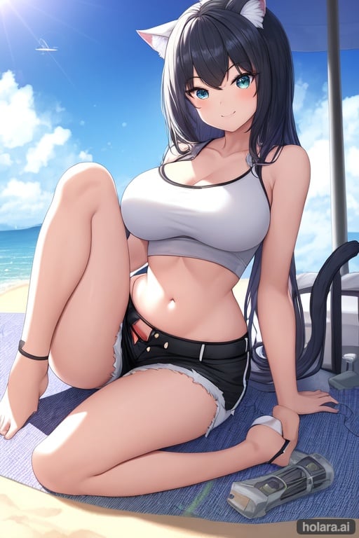 Image of full body, solo, big breasts, tall girl , skiiny hips, cat girl, bloo hair, long hear, short shorts+, highleg panties+, smile, thighs, hourglass figure, on sunny beach,  bloo eyes, bloo tail, mini giantess,