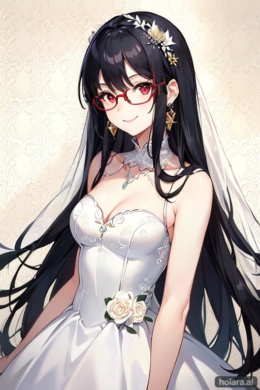 Image of 1girl (white skin), (smile)++, (black hair)++, long hair with bangs, red eyes+++, red glasses, rectangle glasses, hair ornament++, medium breasts, earrings+++, sleeveless, white wedding dress+++, detailed cloth, complete body, perfect anatomy, (dynamic pose), (dynamic angle), perfect female body, wallpaper+++, (masterpiece)+++,  best quality+++, high quality+++, ultra quality+++, eyebrows visible through hair,